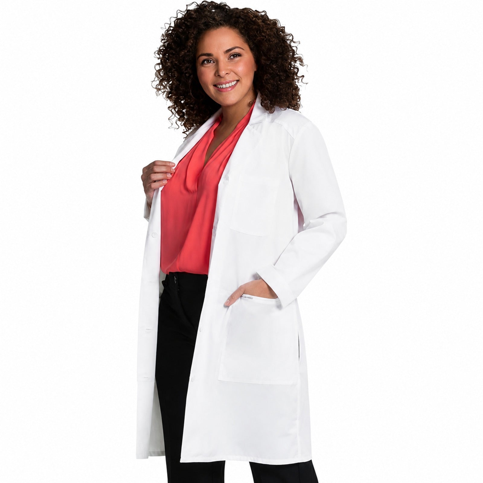 Bata médica Cherokee CK421 para mujer color blanco, detalle de bolsillos | color:blanco
