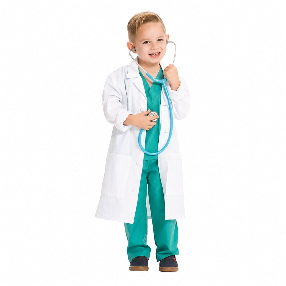 Bata médica Cherokee CK430 para niño color blanco, vista frontal con estetoscopio | color:blanco