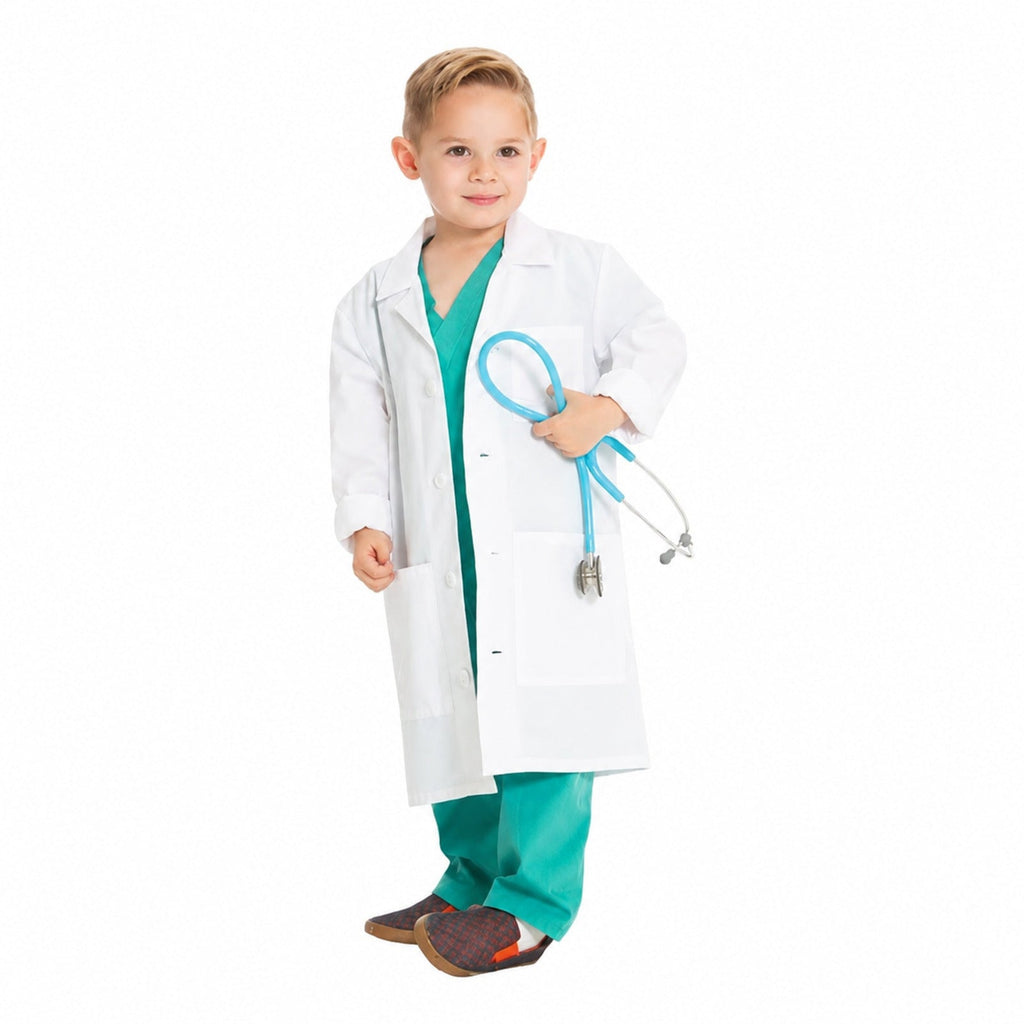 Bata médica Cherokee CK430 para niño color blanco, vista tres cuartos con estetoscopio