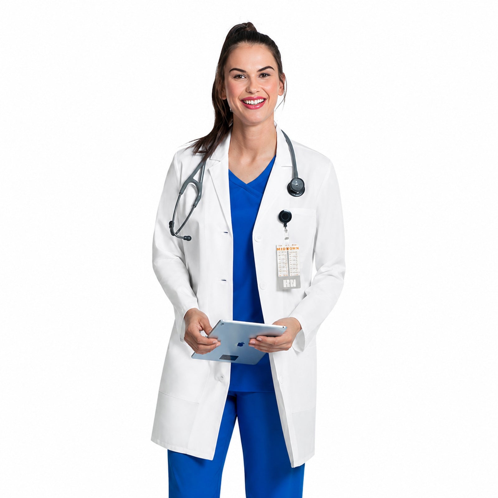 Bata médica Cherokee CK452 para mujer color blanco, vista frontal con tableta y estetoscopio | color:blanco
