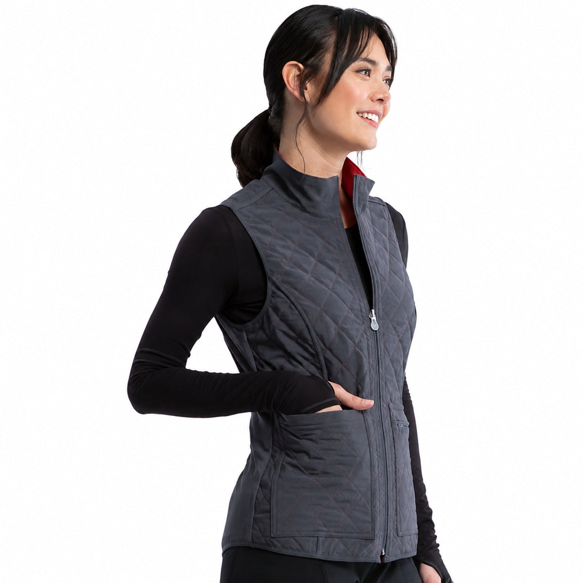 Chaleco médico reversible Cherokee CK530 para mujer en Gris Oxford con Rojo, vista 3 de la prenda | color:gris-oxford-rojo