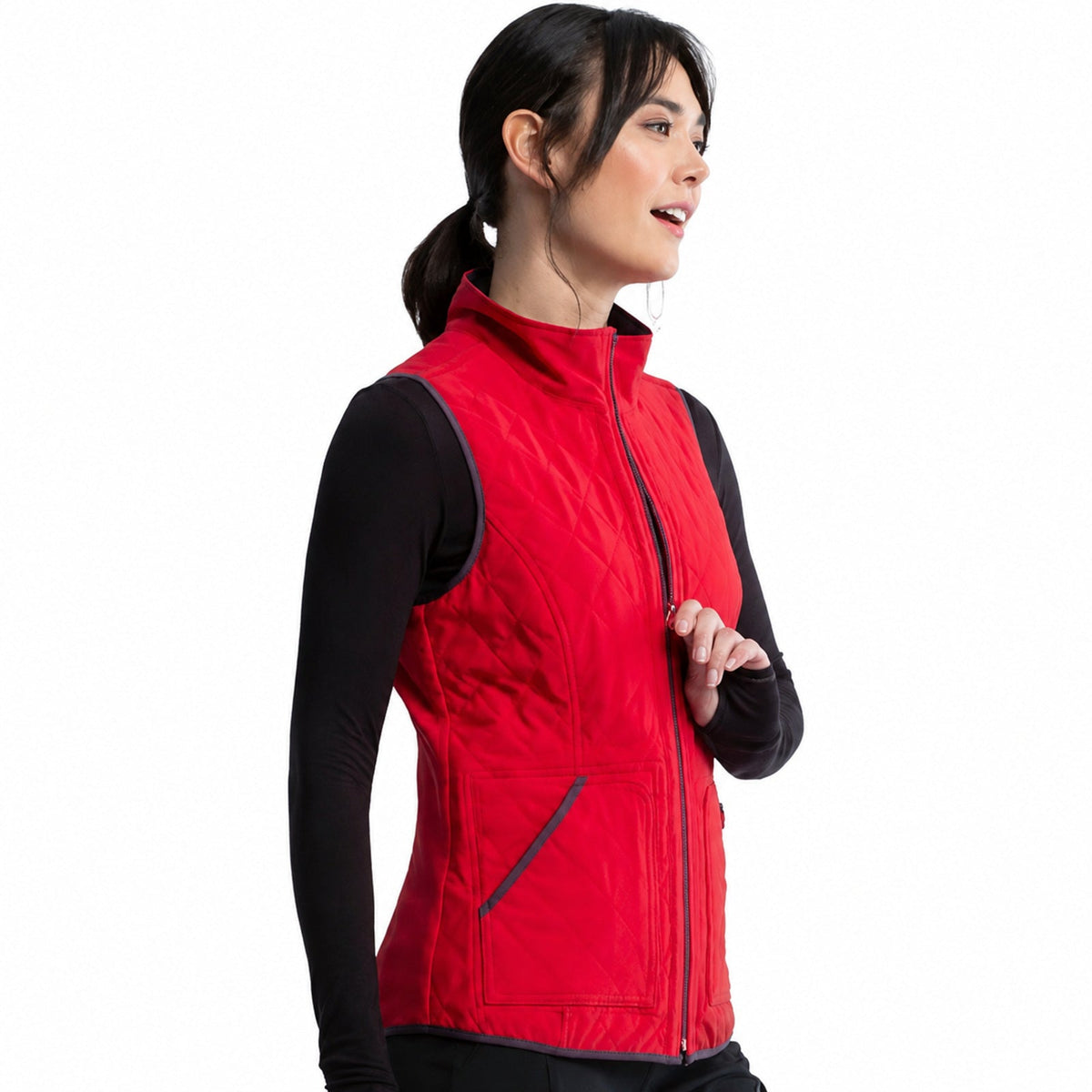 Chaleco médico reversible Cherokee CK530 para mujer en Gris Oxford con Rojo, vista 4 de la prenda | color:gris-oxford-rojo
