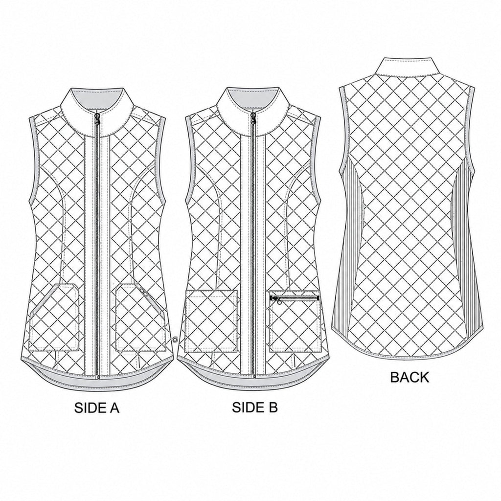Chaleco médico reversible Cherokee CK530 para mujer en Gris Oxford con Rojo, ficha técnica de frente, reverso y espalda