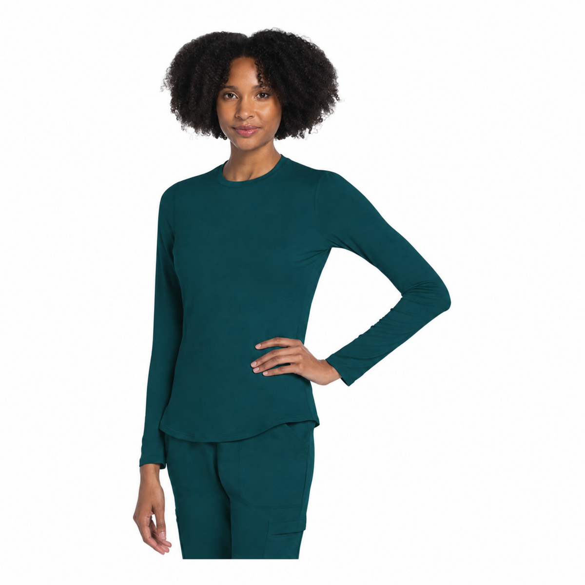 Blusa médica de manga larga Cherokee CK773 para mujer color Azul Caribe, vista frontal | color:azul-caribe