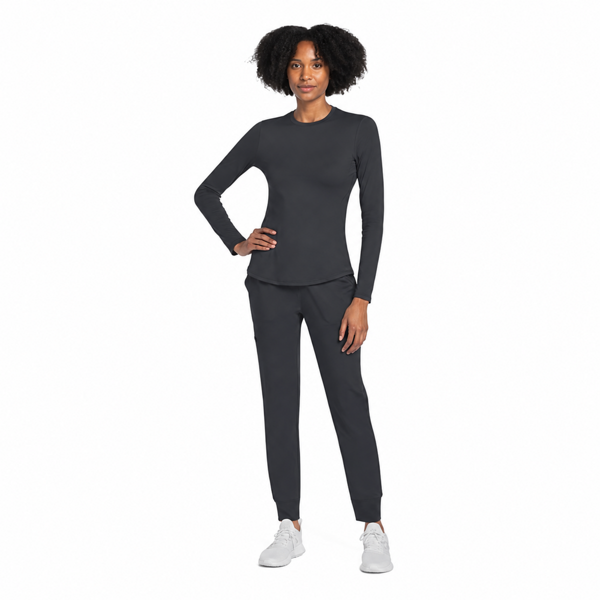 Blusa médica de manga larga Cherokee CK773 para mujer color Gris Oxford, vista de cuerpo completo | color:gris-oxford