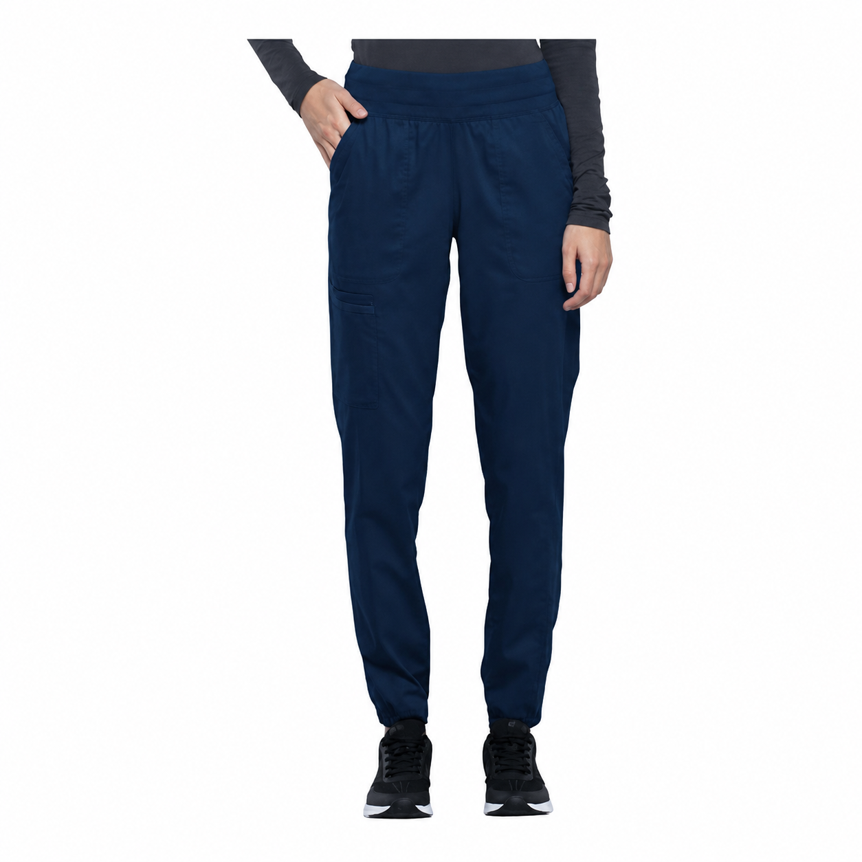 Pantalón quirúrgico jogger Cherokee WW011 azul marino para mujer, vista frontal en pose | color:azul-marino