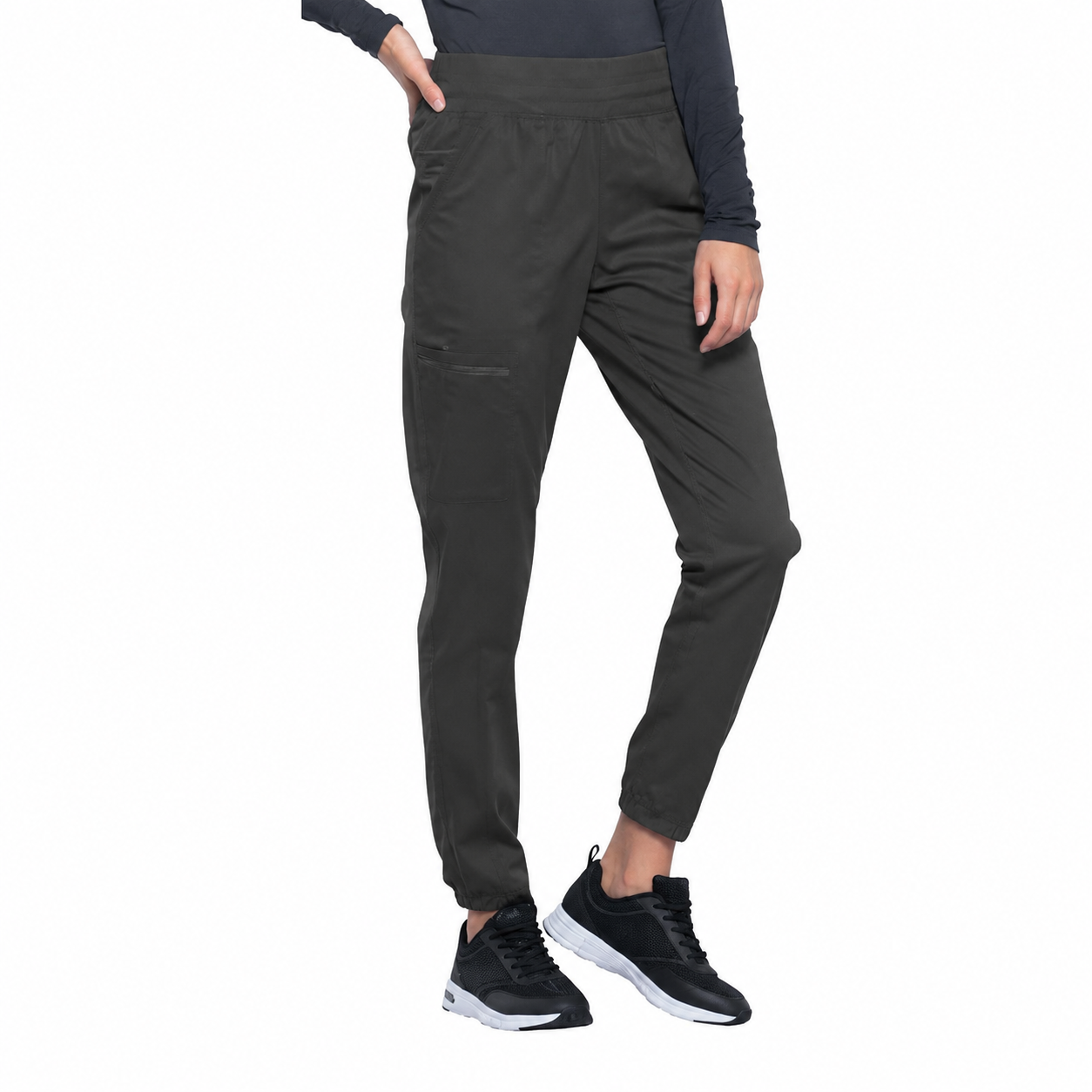 Pantalón quirúrgico jogger Cherokee WW011 gris Oxford para mujer, vista frontal en pose | color:gris-oxford