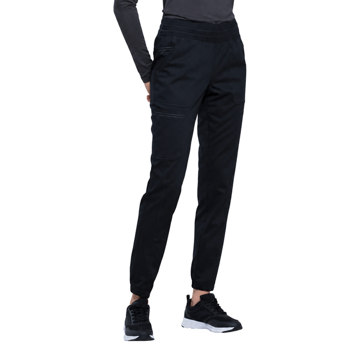 Pantalón quirúrgico jogger Cherokee WW011 para mujer Negro, vista frontal en pose | color:negro