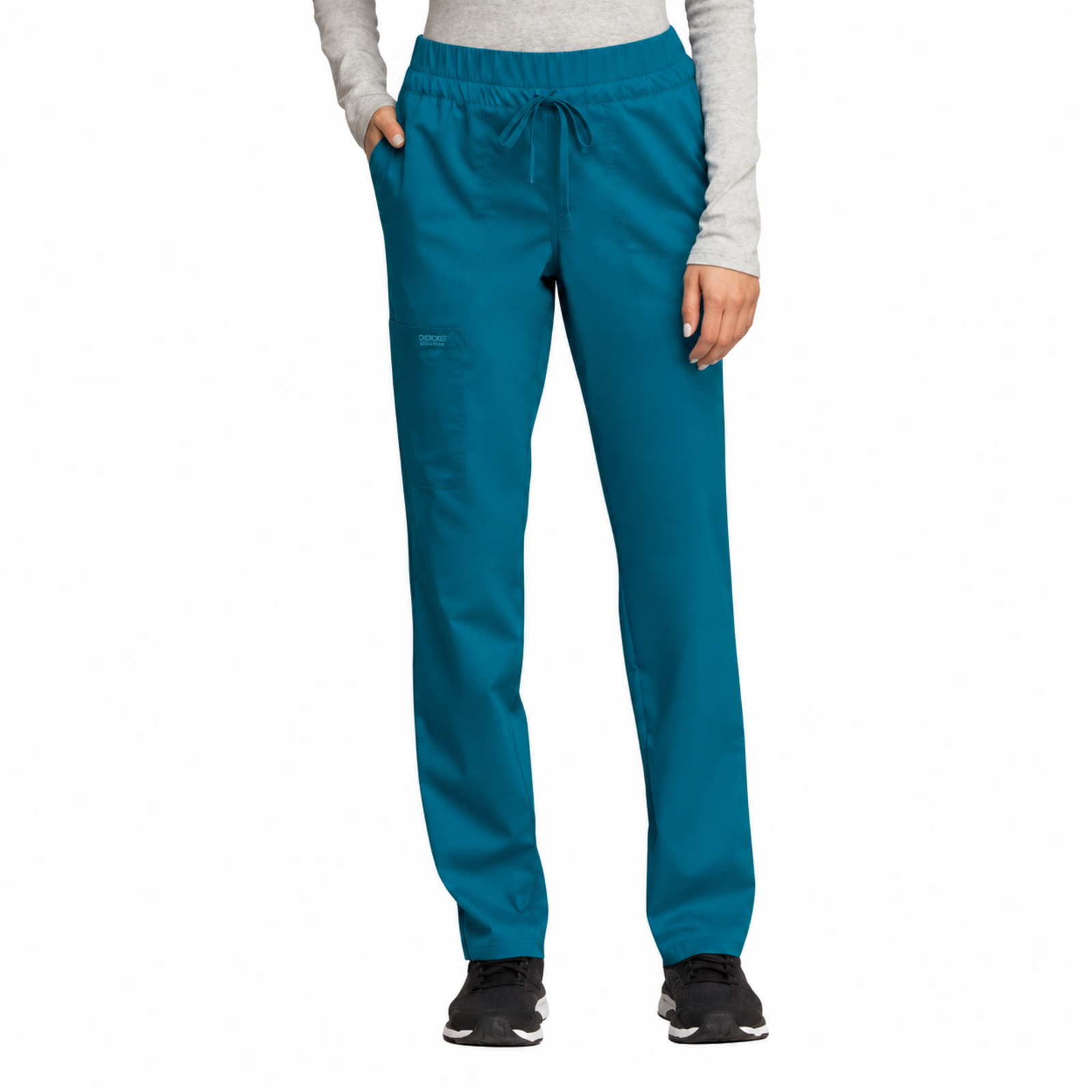 Pantalón quirúrgico Cherokee WW105 azul caribe, vista frontal en modelo | color:azul-caribe