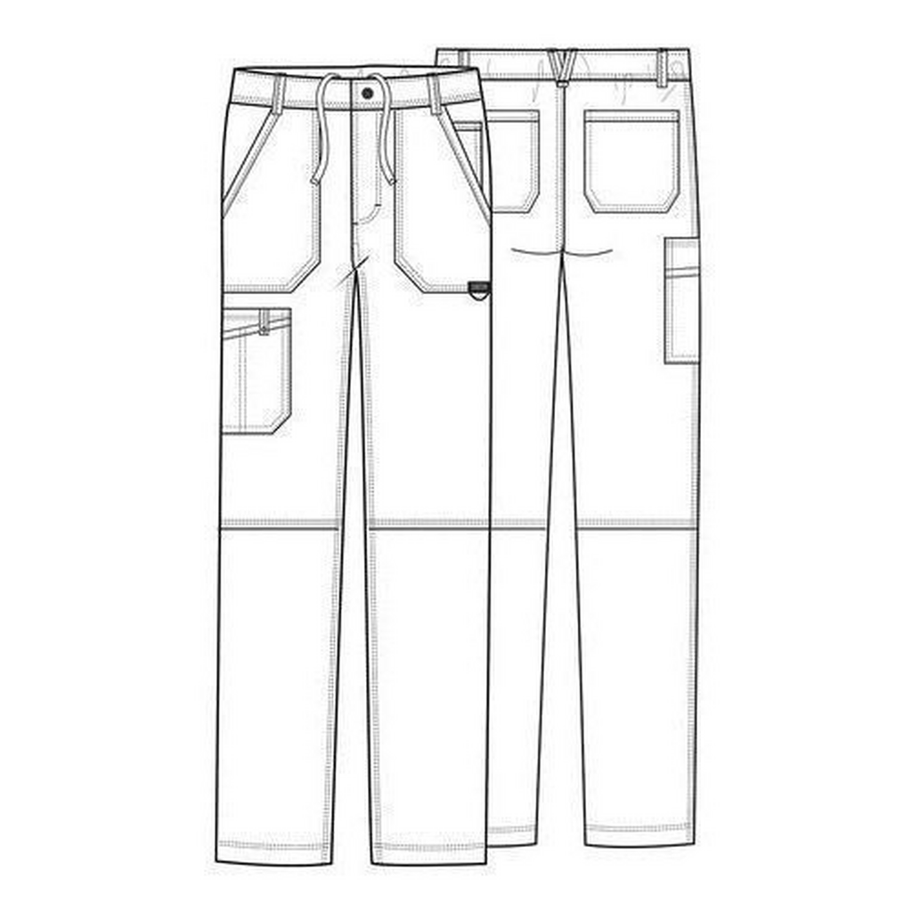 Diseño técnico del pantalón quirúrgico Cherokee WW140 para hombre gris oxford
