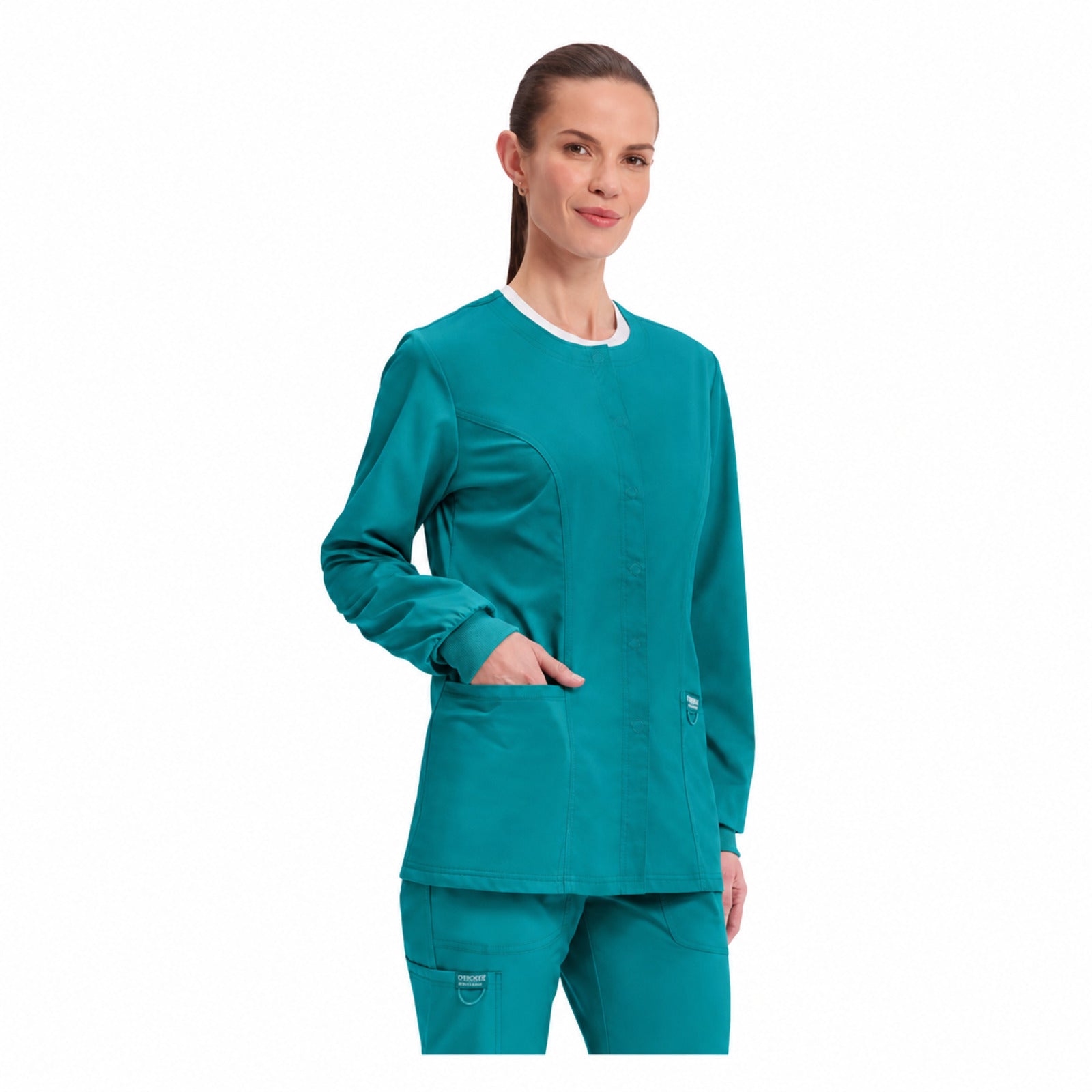 Chamarra médica Cherokee WW310 Revolution Jade para mujer, vista 3 de la prenda | color:jade