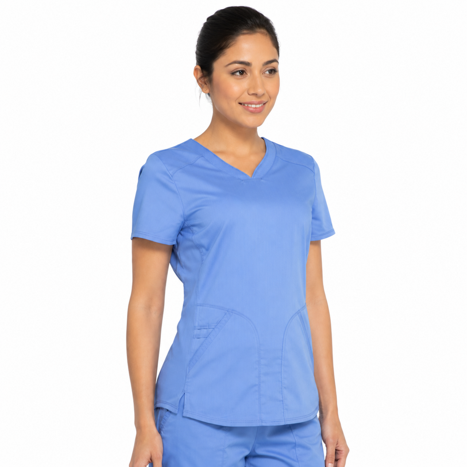 Filipina médica Cherokee WW601 azul cielo, vista tres cuartos en modelo | color:azul-cielo