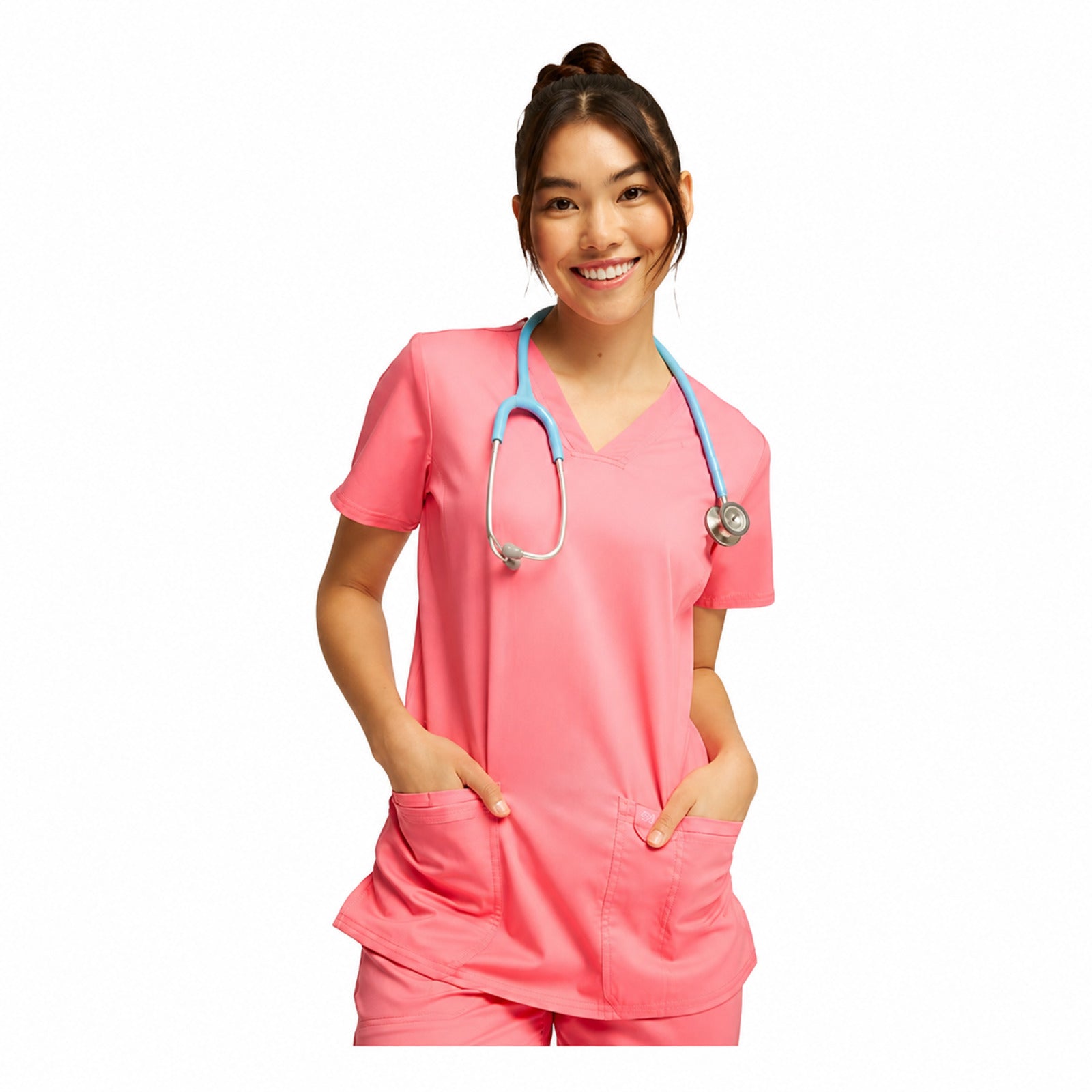 Filipina quirúrgica Cherokee WW620 Pink Melon, vista frontal en modelo | color:pink-melon