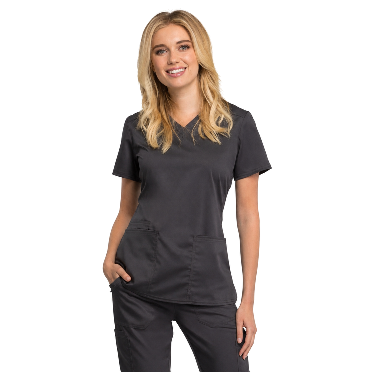 Filipina médica repelente Cherokee WW770 para mujer Gris Oxford, vista frontal desde muslos | color:gris-oxford
