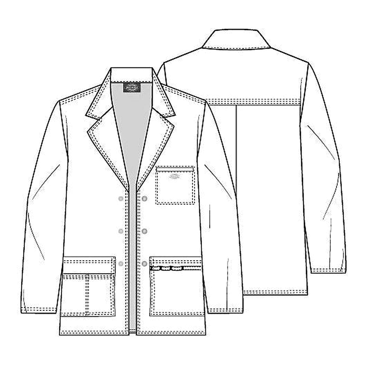 Bata médica Dickies 81403 para hombre blanca, ficha técnica frontal y posterior | color:blanca