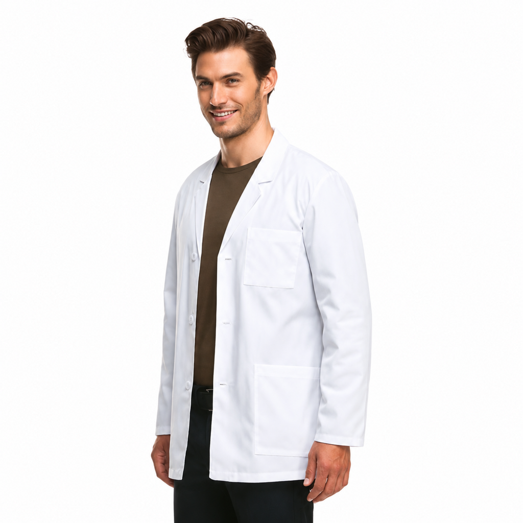 Bata médica Dickies 81404 para hombre blanca, vista tres cuartos