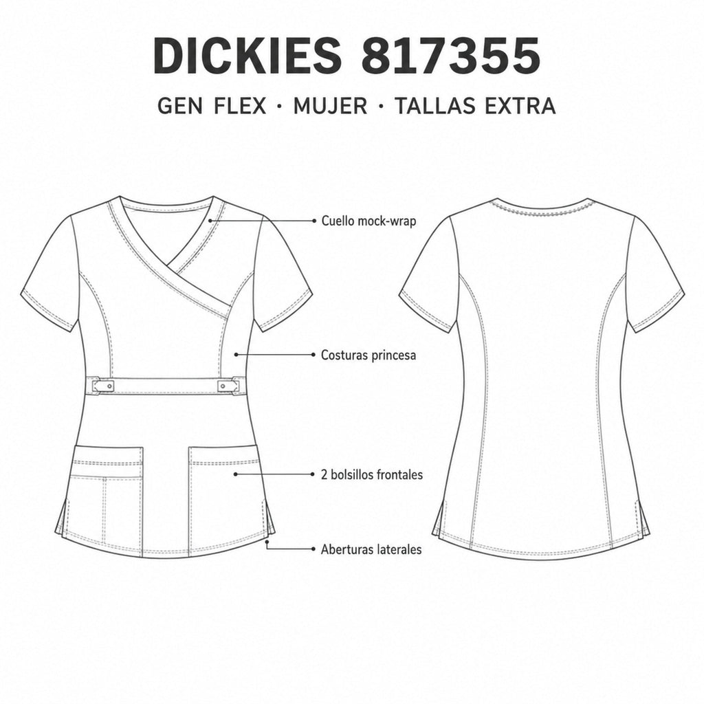 Filipina quirúrgica Dickies 817355 Gen Flex para mujer tallas extras blanca, ficha técnica de frente y espalda