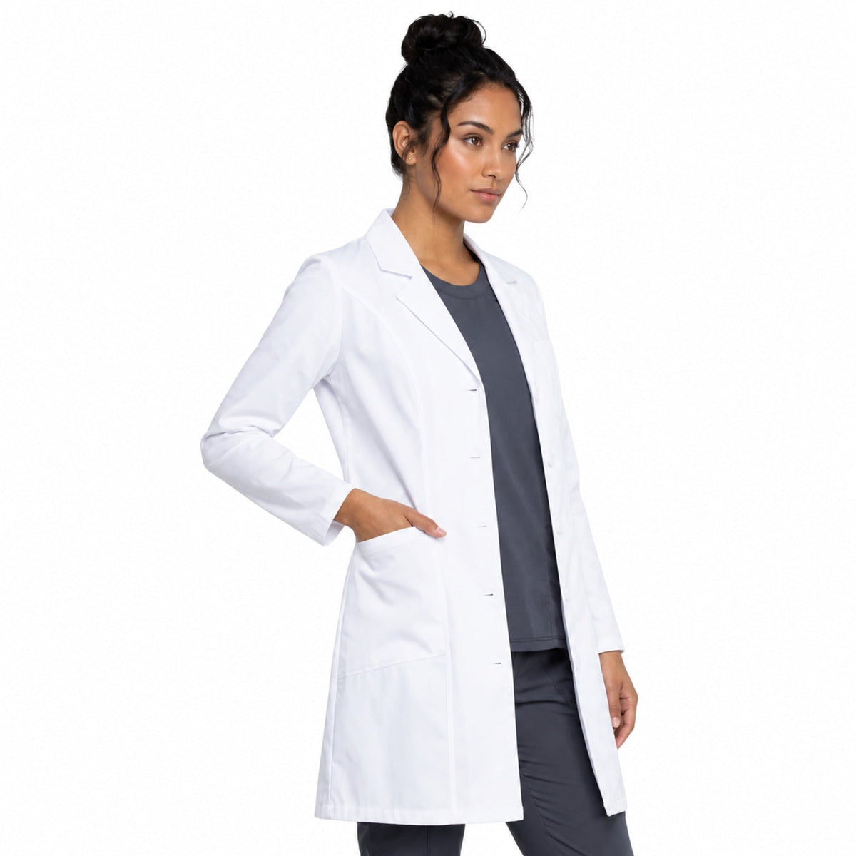 Dickies 82401 bata larga médica blanca para mujer, vista de perfil | color:blanca