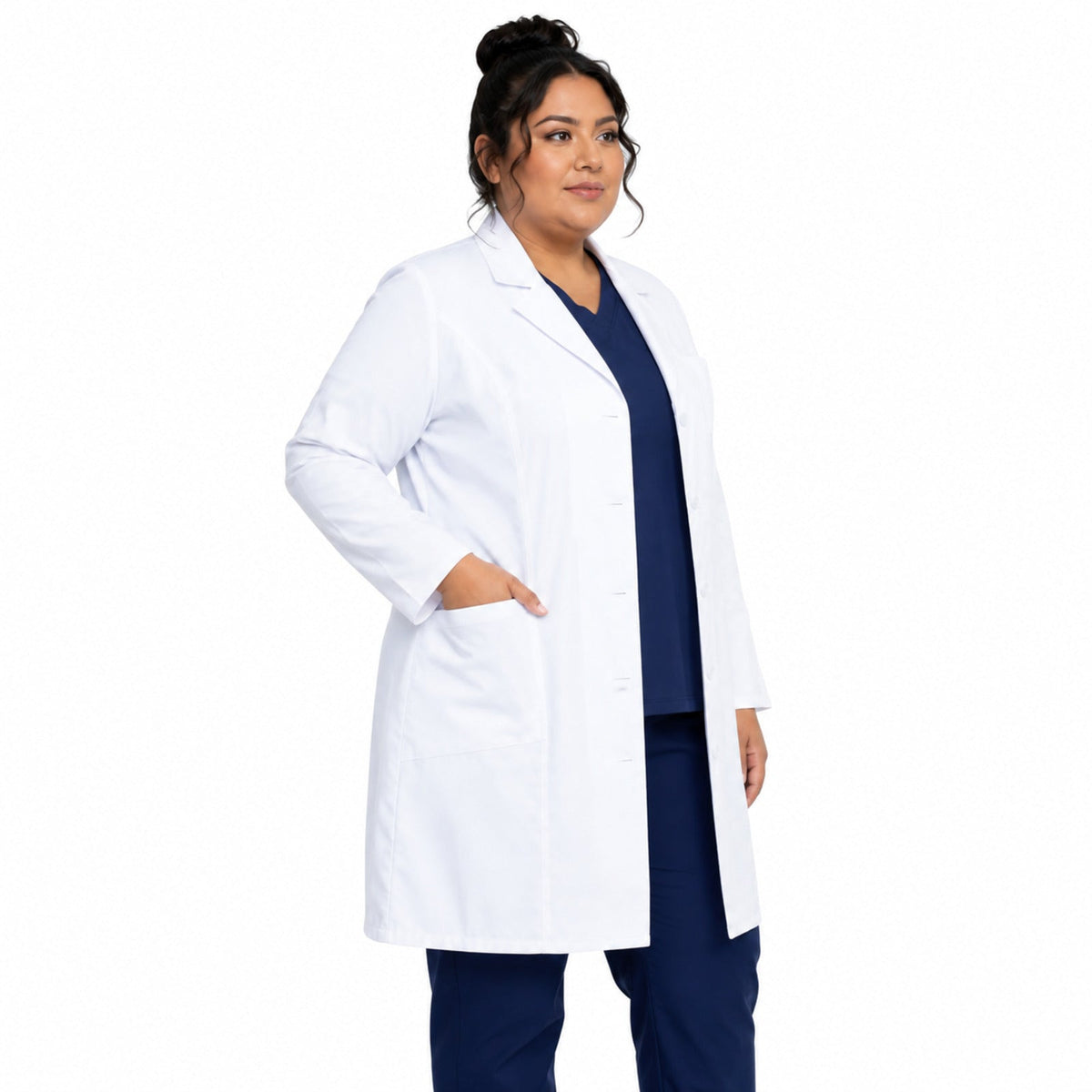 Dickies 82401 bata larga médica para mujer talla extra, blanco, vista de perfil | color:blanco