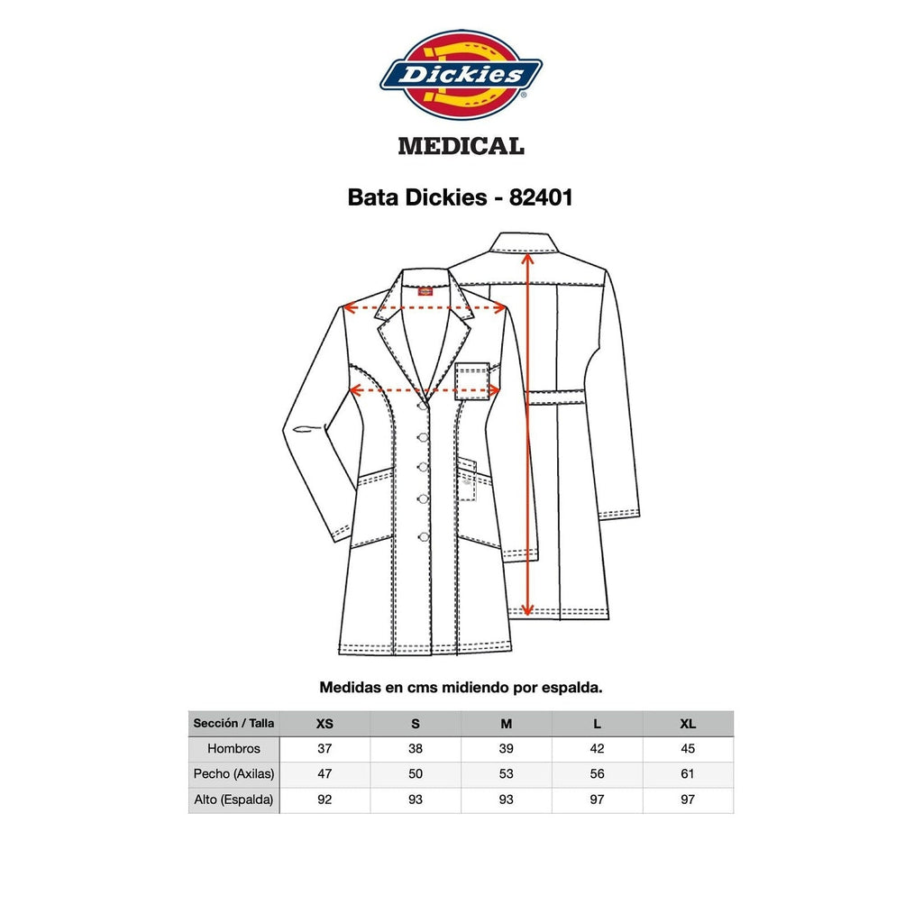 Guía de medidas de bata médica Dickies 82401 para mujer