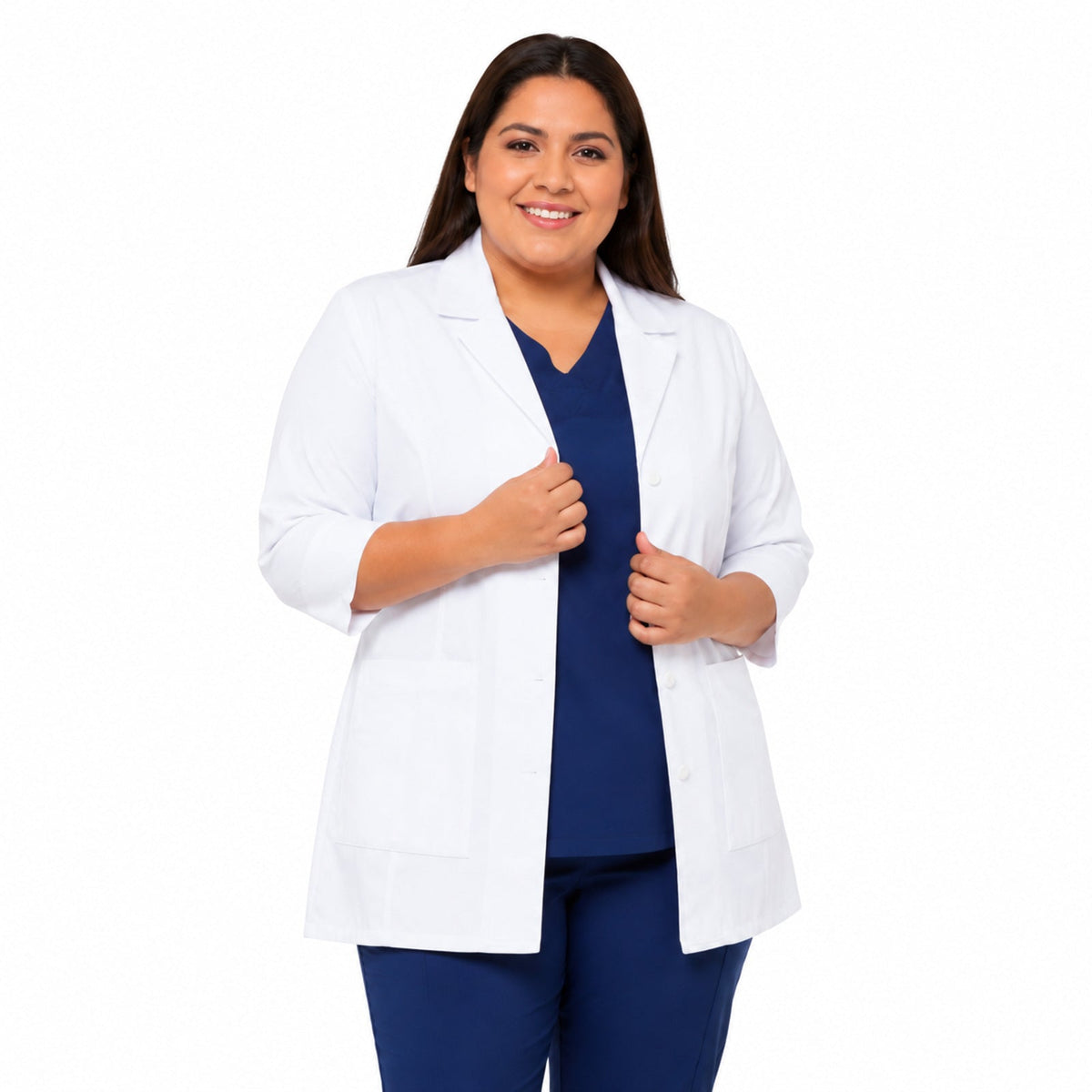 Bata médica Dickies 82402 para mujer talla extra blanca, vista tres cuartos | color:blanca
