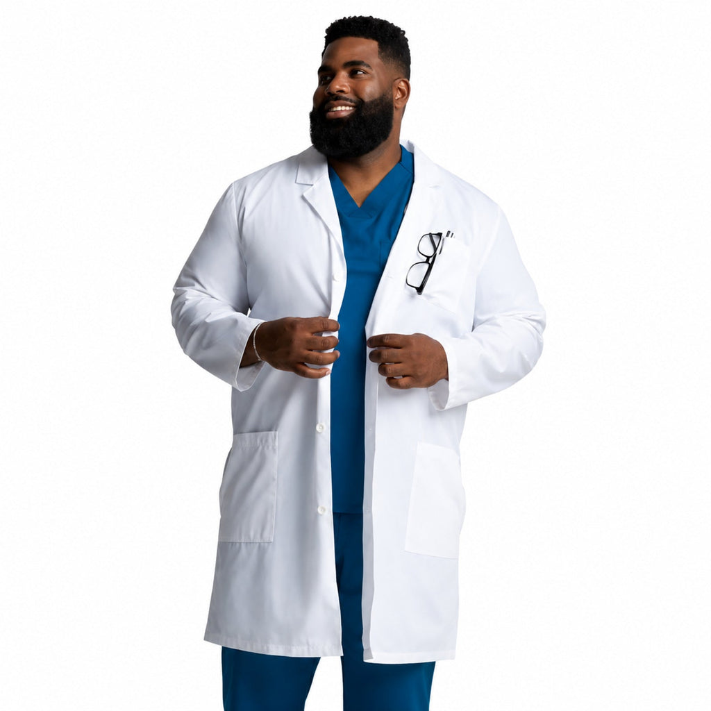 Bata médica larga Dickies 83403 para hombre blanca, vista frontal