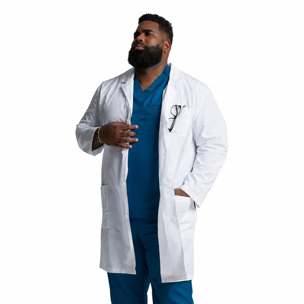 Bata médica larga Dickies 83403 para hombre blanca, vista lateral
