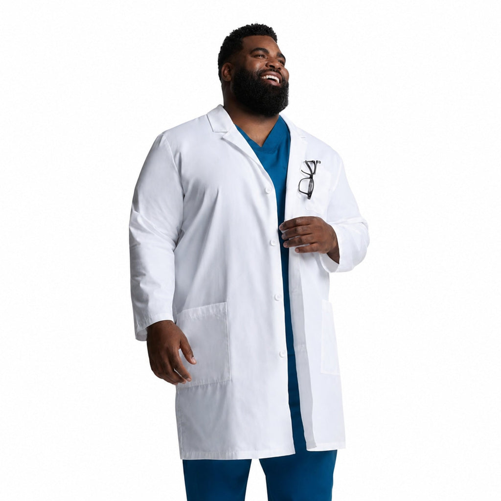 Bata médica larga Dickies 83403 para hombre blanca, vista tres cuartos