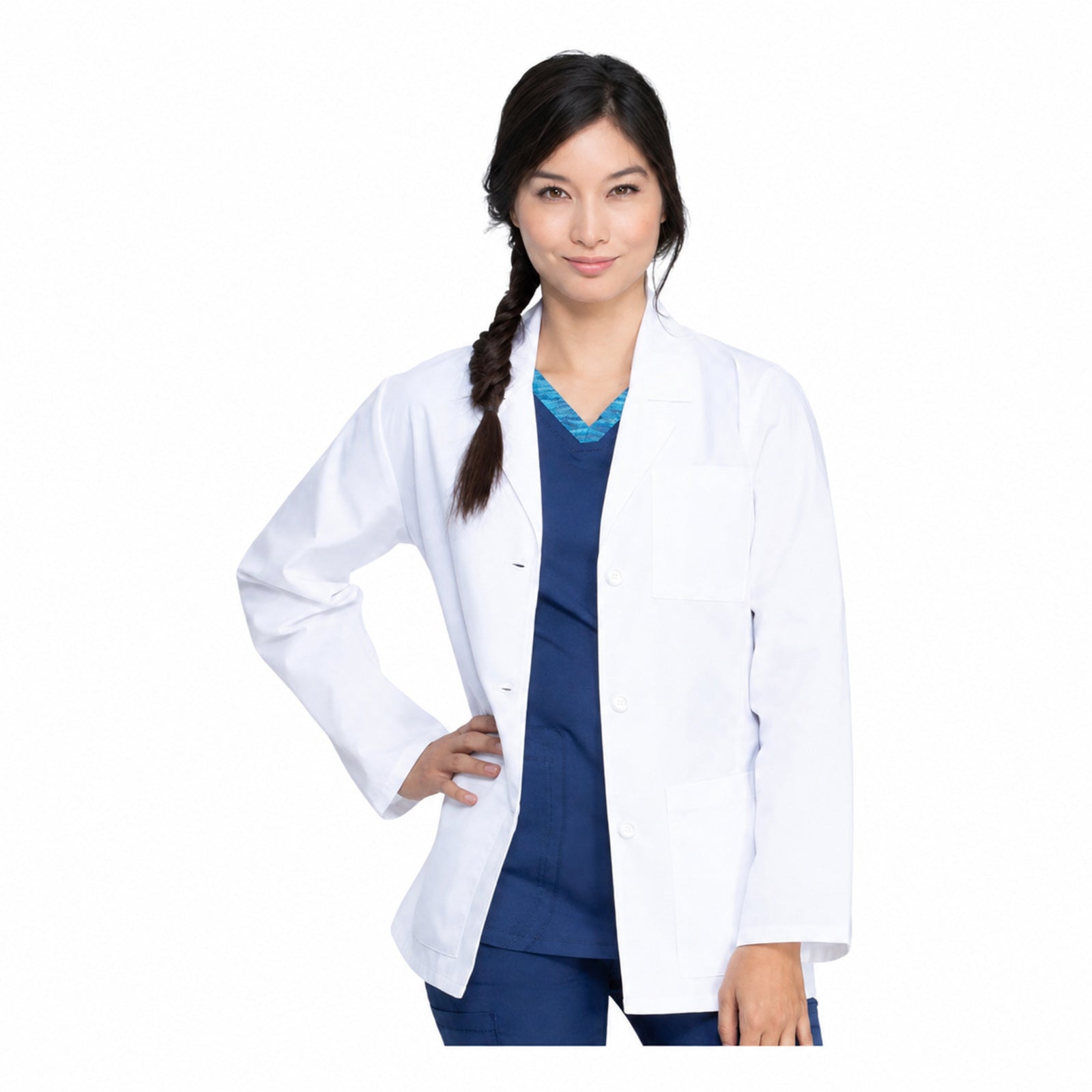 Dickies 84401 bata médica corta para mujer blanca, vista frontal | color:blanca