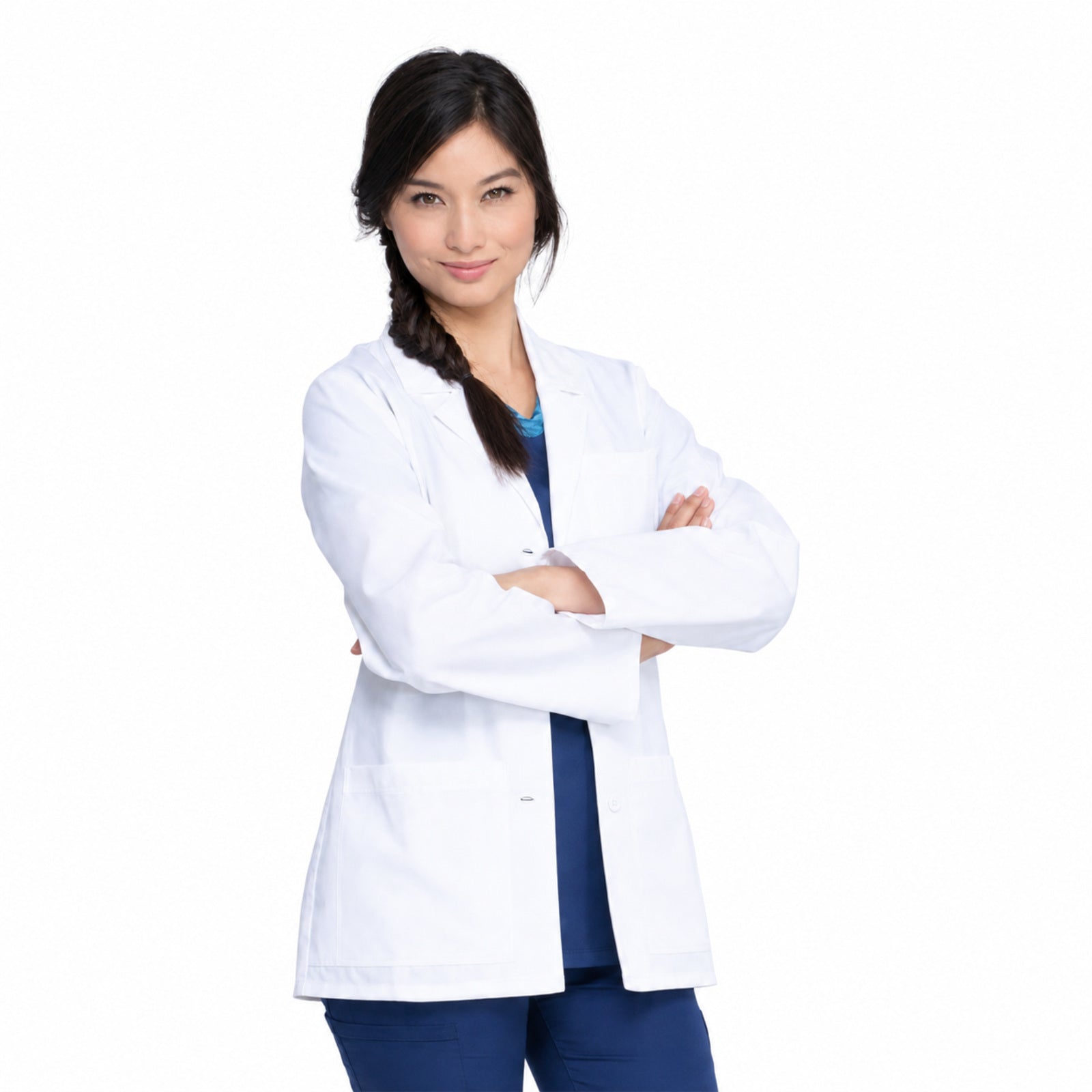 Dickies 84401 bata médica corta para mujer blanca, frente con brazos cruzados | color:blanca
