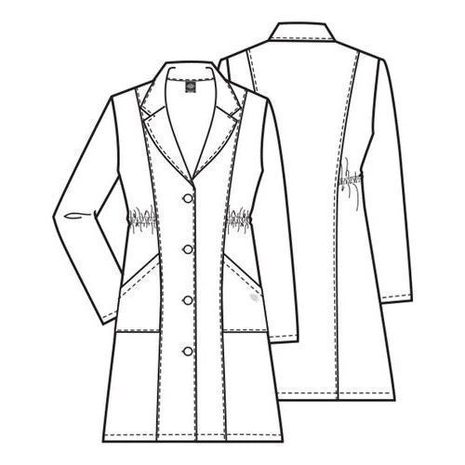 Bata médica Dickies 84402 para mujer blanca, esquema técnico frontal y posterior | color:blanca