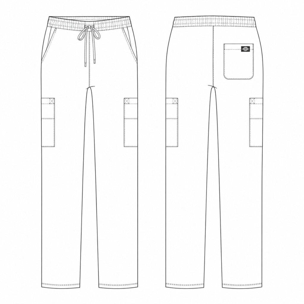 Pantalón quirúrgico Dickies 85100 para mujer, esquema técnico frontal y posterior