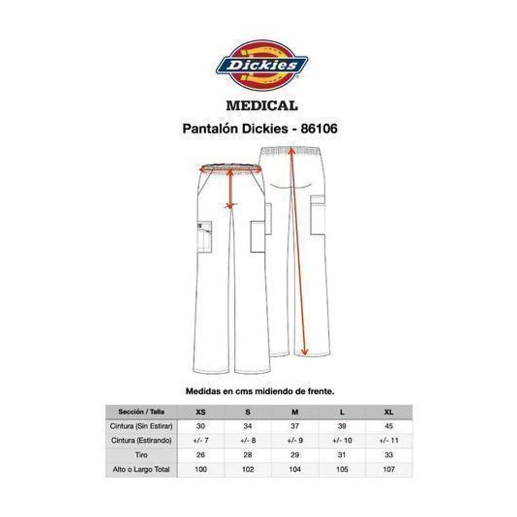 Pantalón quirúrgico Dickies 86106 para mujer, guía de medidas de la prenda