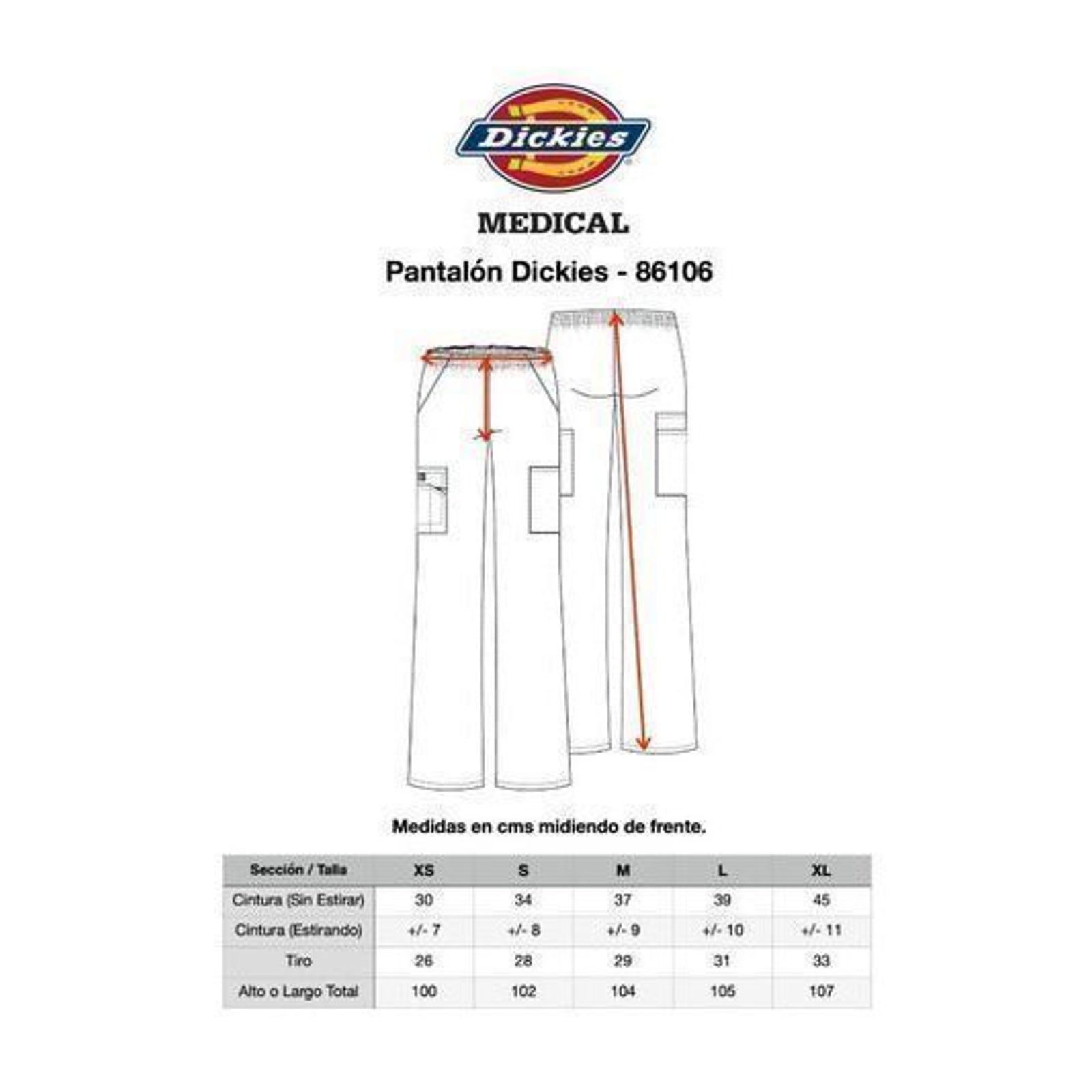 Pantalón quirúrgico Dickies 86106 para mujer, guía de medidas de la prenda | color:todos