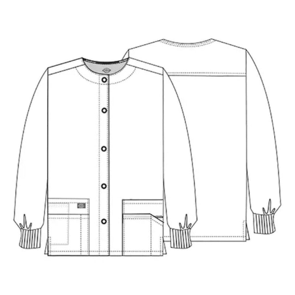 Chamarra médica Dickies 86306 para mujer blanca, esquema técnico frontal y posterior