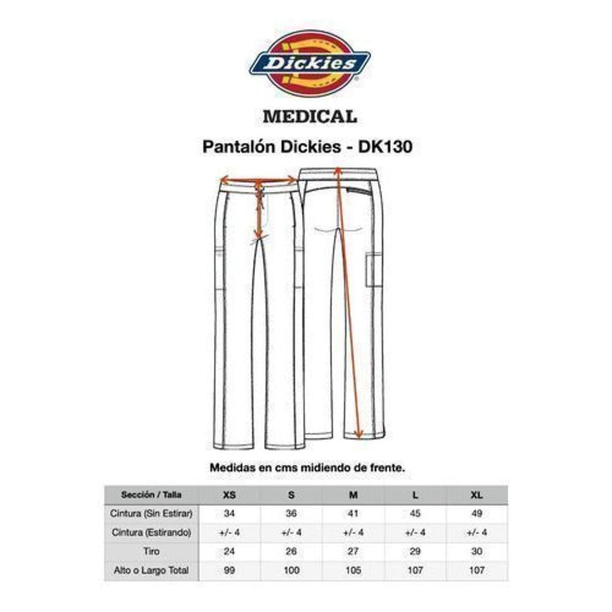 Pantalón quirúrgico Dickies DK130 Dynamix para mujer Azul rey, guía de tallas | color:azul-rey