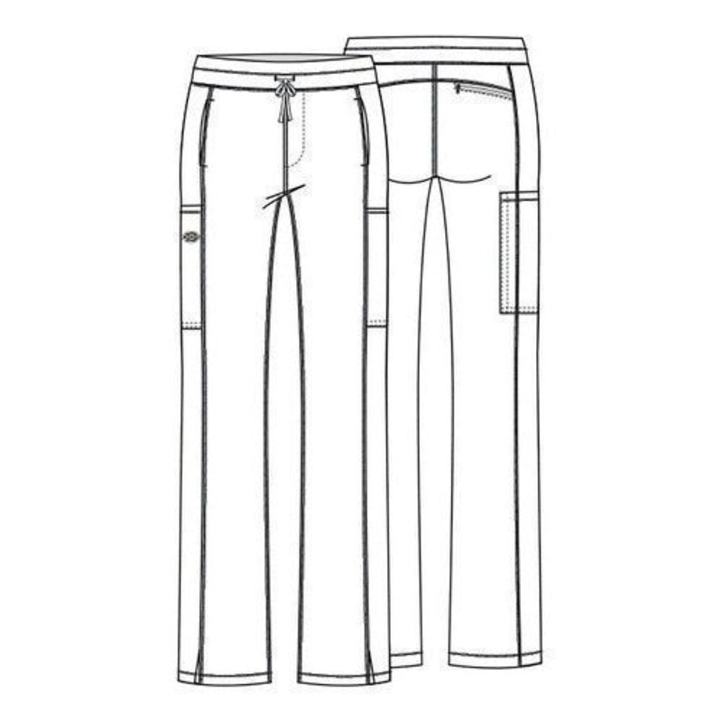 Pantalón quirúrgico Dickies DK130 Dynamix para mujer Coral, dibujo técnico de frente y espalda