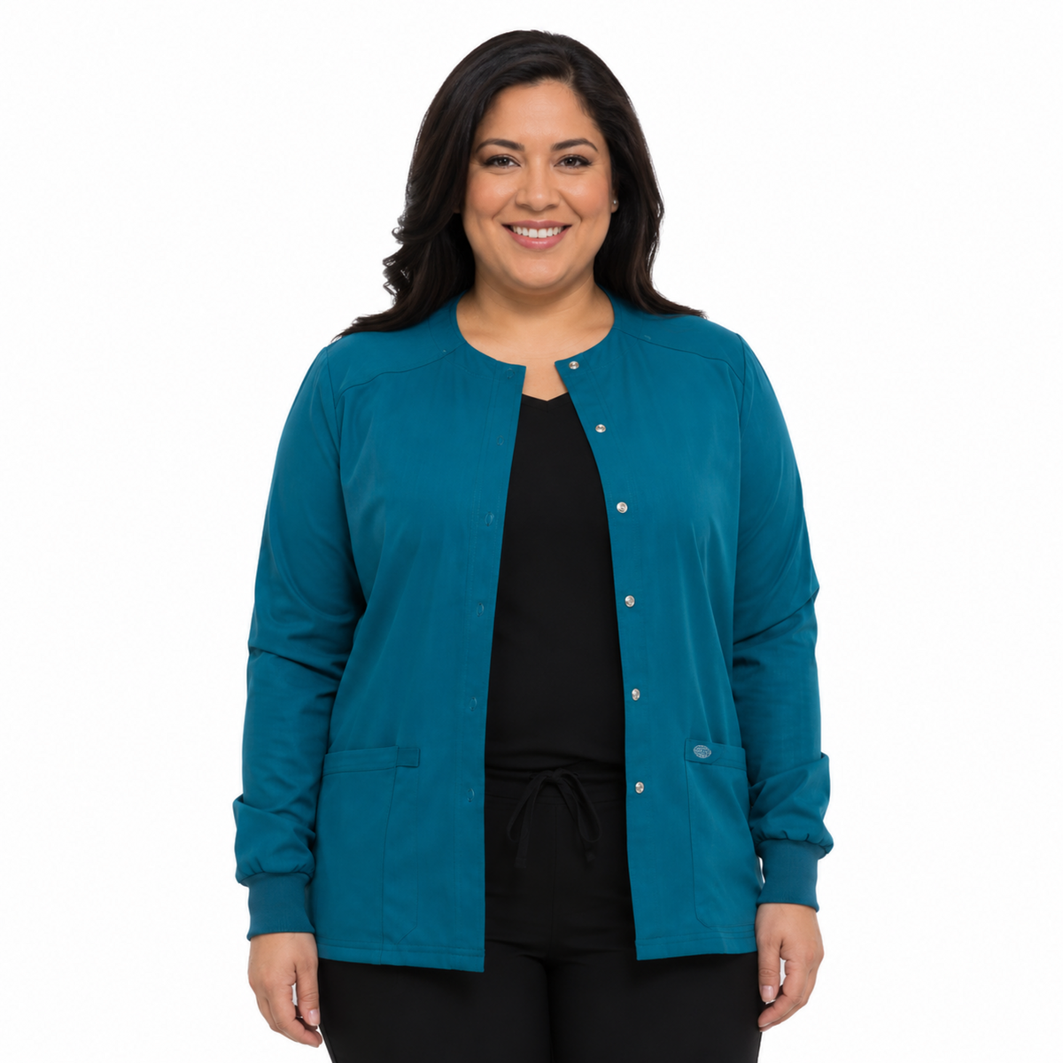 Chamarra médica Dickies DK305 EDS Essentials para mujer talla extra Azul Caribe, vista frontal | color:azul-caribe