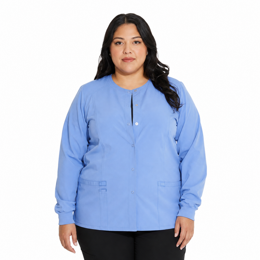 Chamarra médica Dickies DK305 EDS Essentials para mujer talla extra Azul Cielo, vista frontal | color:azul-cielo