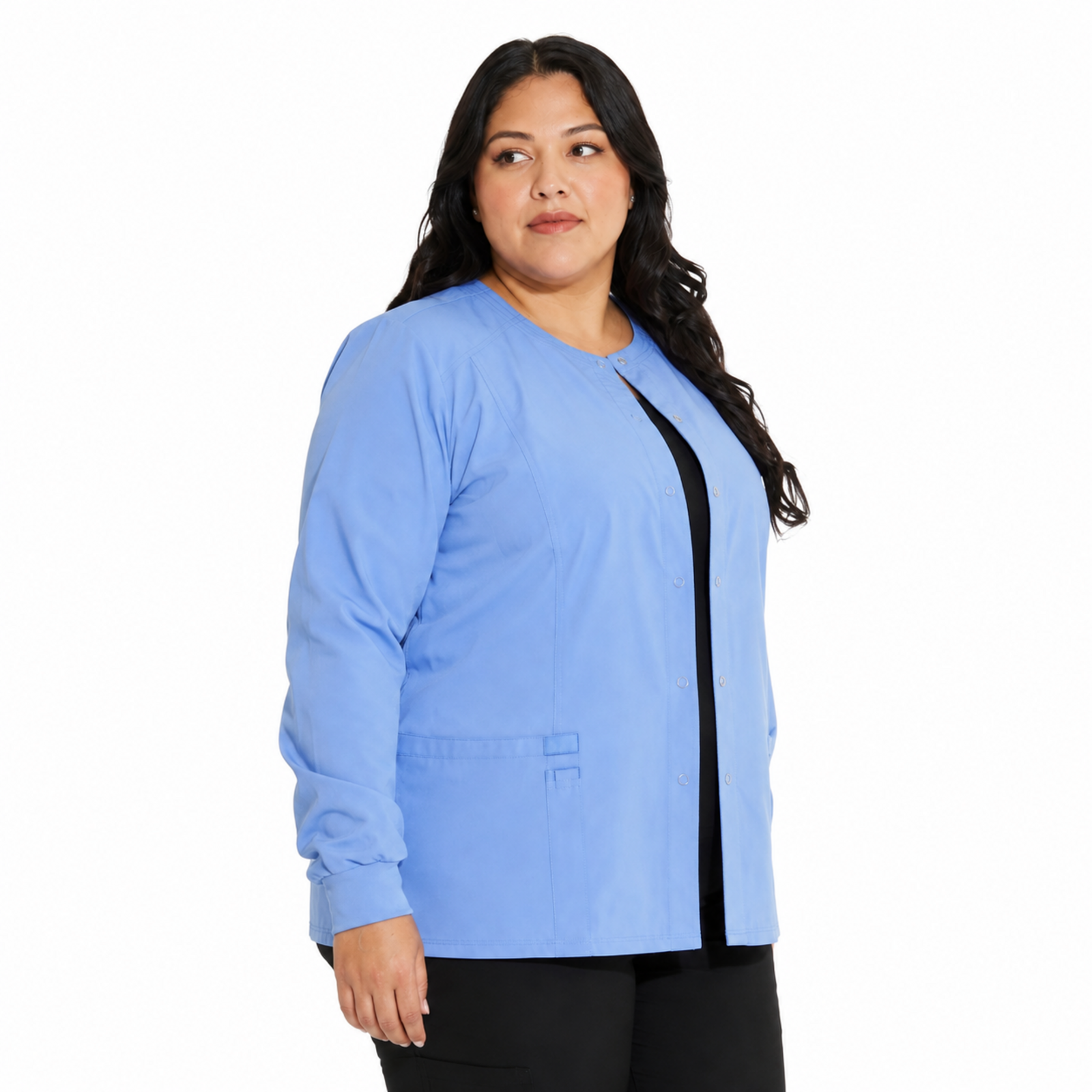 Chamarra médica Dickies DK305 EDS Essentials para mujer talla extra Azul Cielo, vista tres cuartos | color:azul-cielo