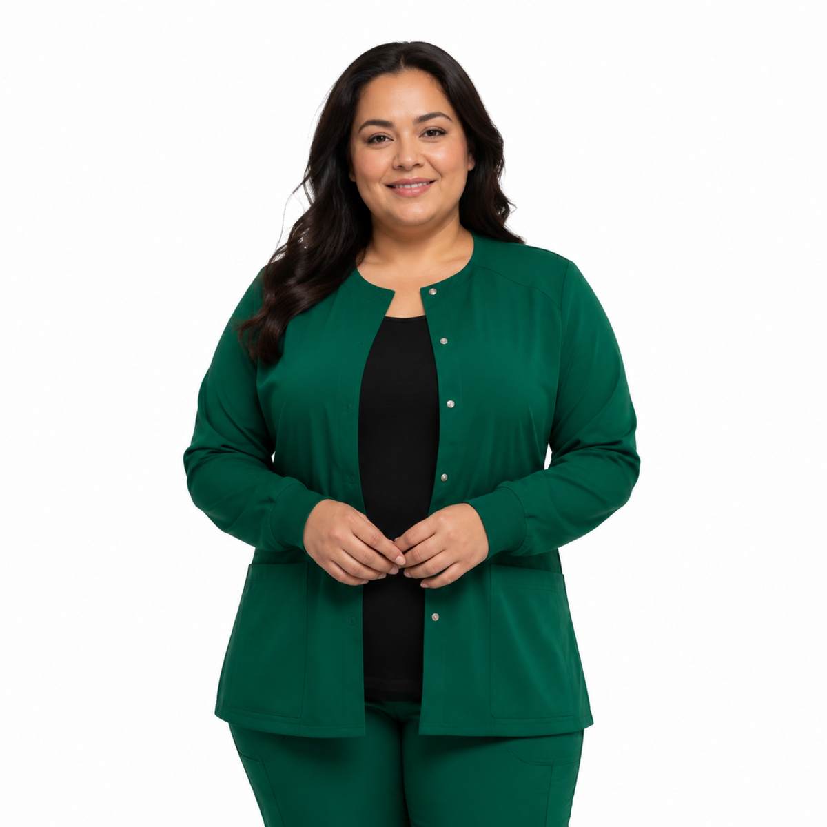 Chamarra médica Dickies DK305 EDS Essentials para mujer talla extra Verde Hunter, vista frontal | color:verde-hunter