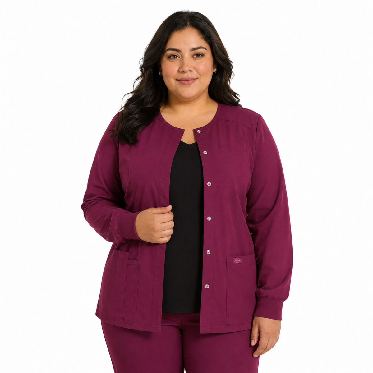 Chamarra médica Dickies DK305 EDS Essentials para mujer talla extra Vino, vista frontal | color:vino