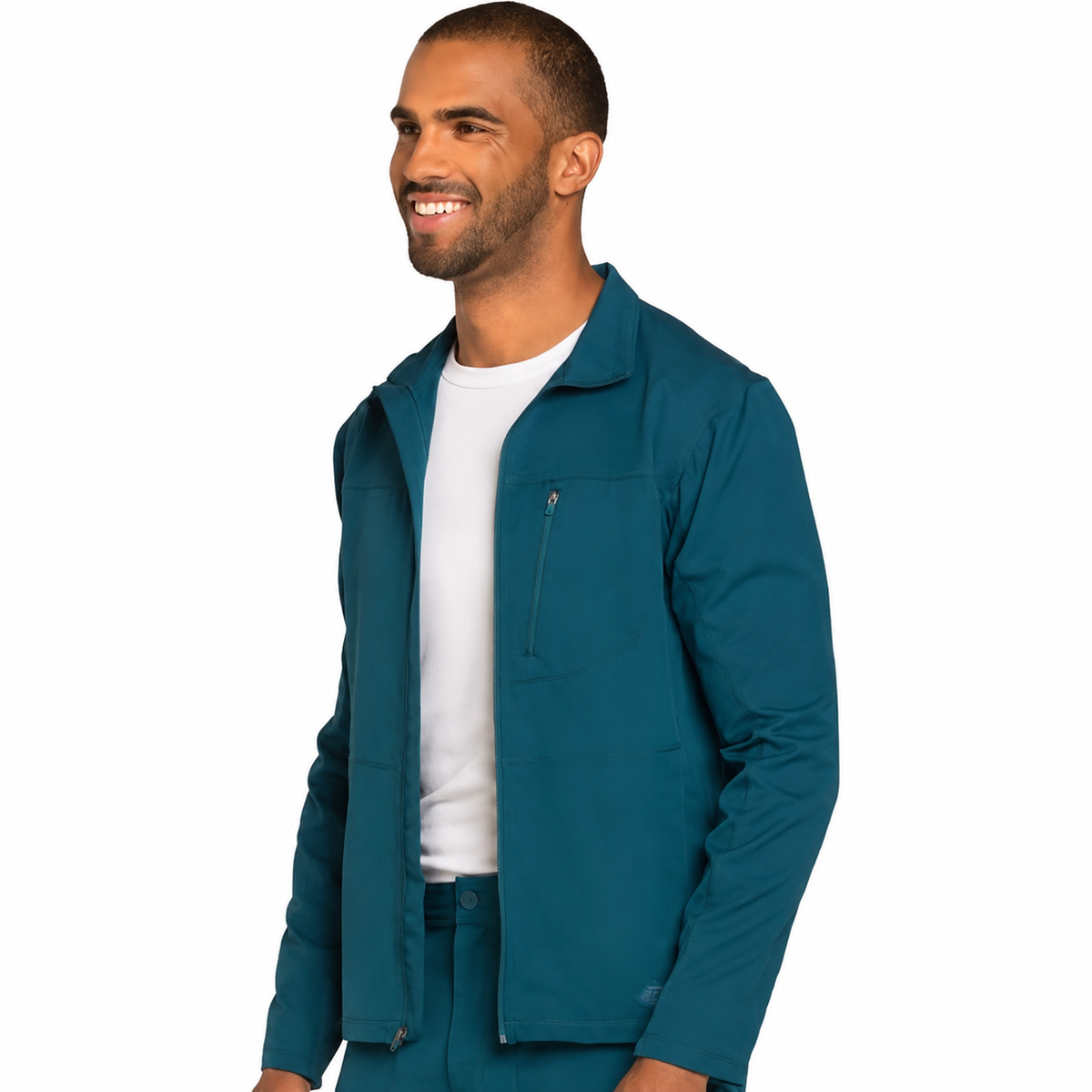 Chamarra médica Dickies DK310 para hombre Azul Caribe, vista frontal tres cuartos | color:azul-caribe