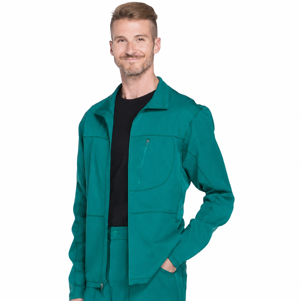 Chamarra médica Dickies DK310 para hombre Hunter, vista frontal tres cuartos | color:hunter