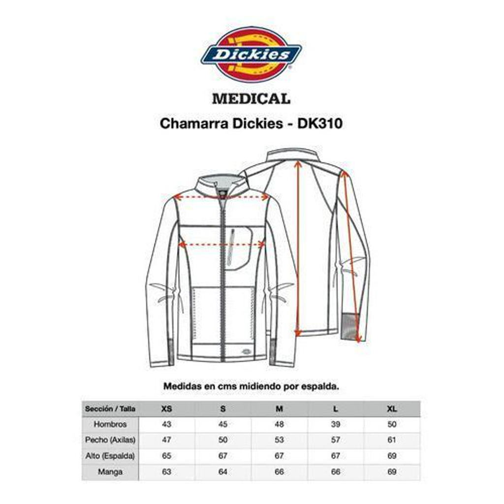 Chamarra médica Dickies DK310 para hombre Rojo, guía de medidas