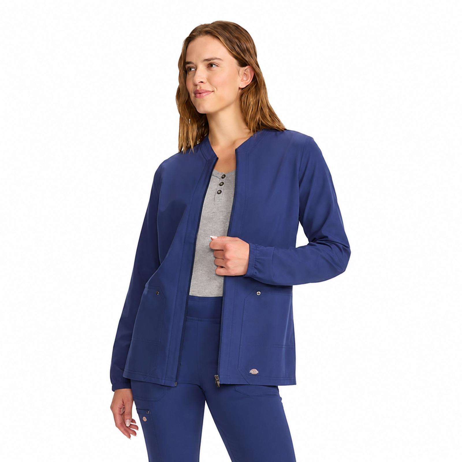 Dickies DK322 chamarra médica para mujer, vista frontal con cierre, color Azul Marino | color:azul-marino