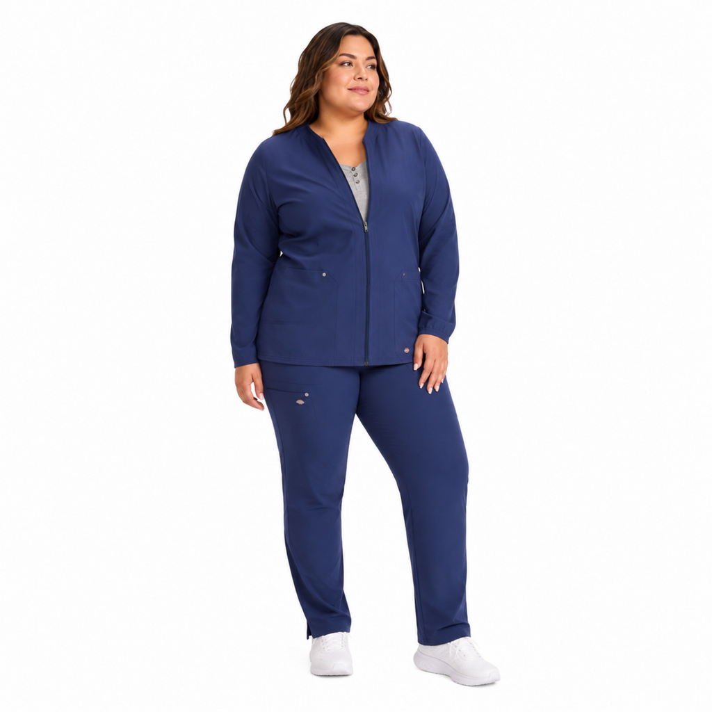 Dickies DK322 chamarra médica para mujer talla extra, vista lateral, color Azul Marino