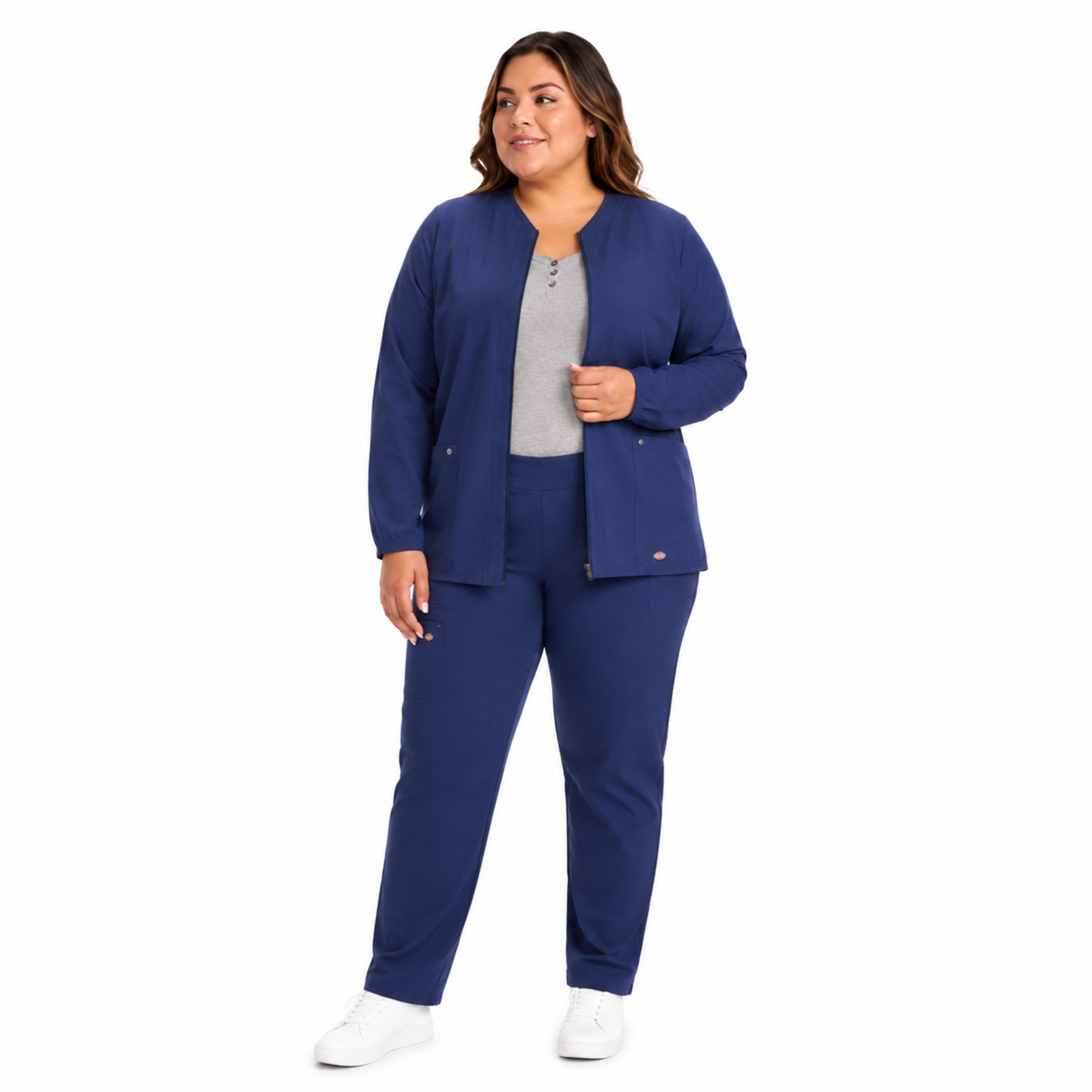 Dickies DK322 chamarra médica para mujer talla extra, vista frontal abierta, color Azul Marino | color:azul-marino
