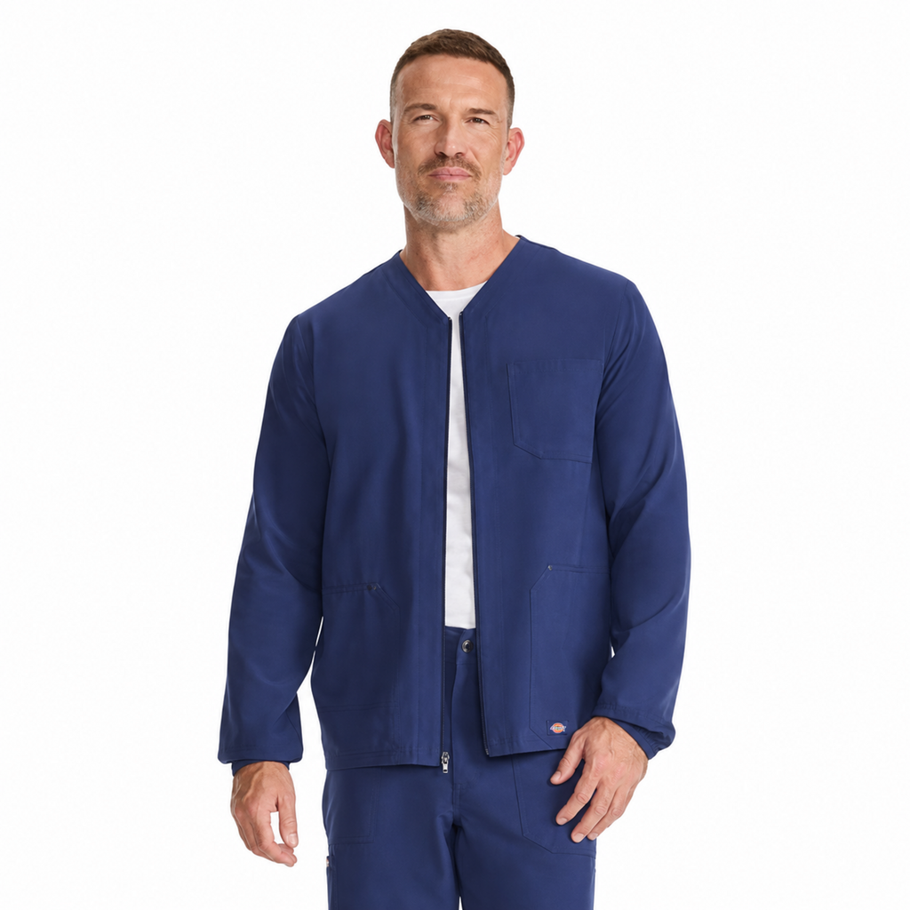 Dickies DK323 chamarra médica para hombre Azul Marino, vista frontal abierta