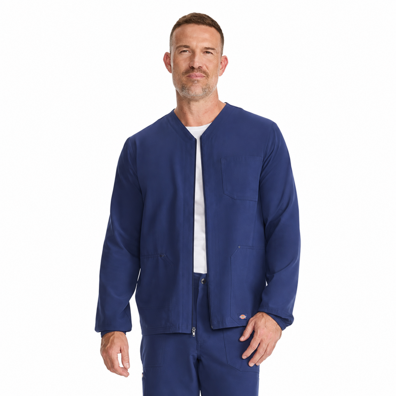 Dickies DK323 chamarra médica para hombre Azul Marino, vista frontal abierta | color:azul-marino